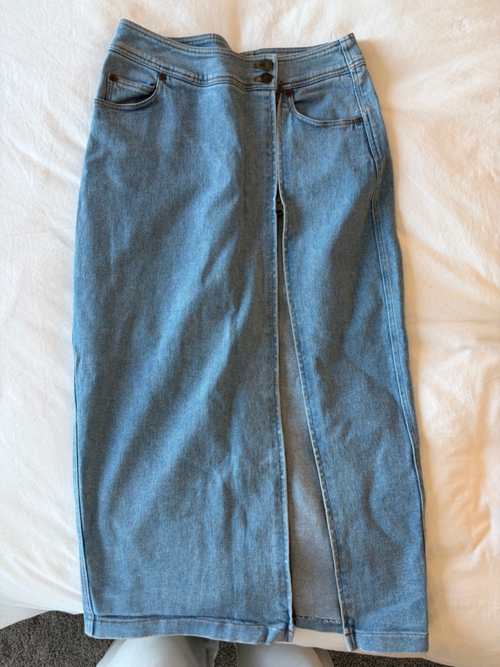 DKNY Light Blue Denim Maxi Skirt with Front Slit